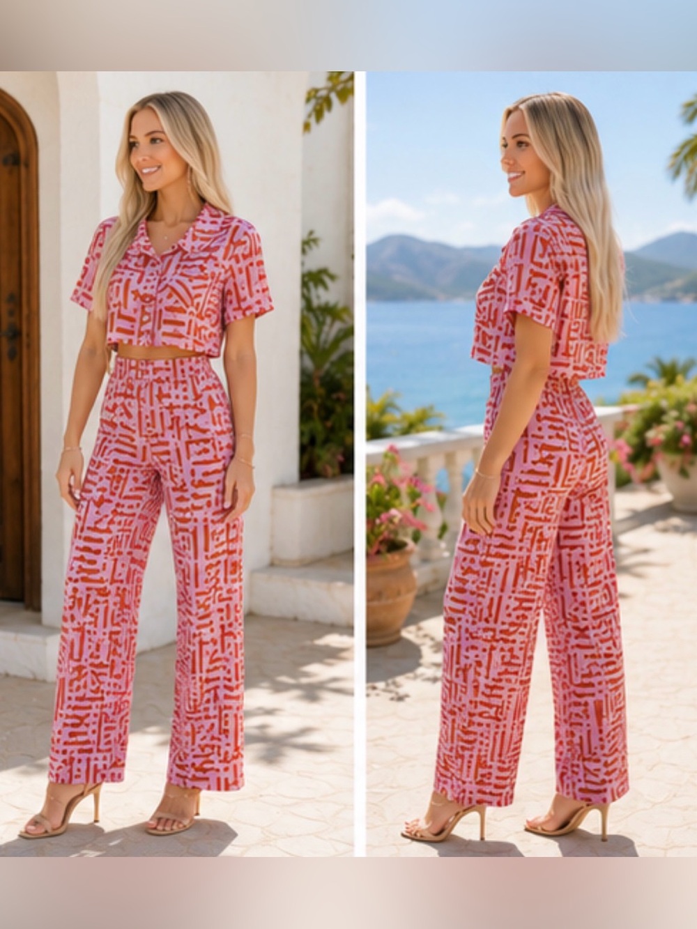 Anthropologie Pink & Coral Printed Wide-Leg Jumpsuit Set